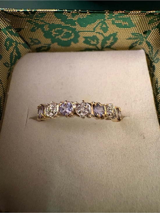 Jewelry - 10k Yellow Gold Multi-Stone Women's Stacker Band- Pink Stones and Small Diamonds